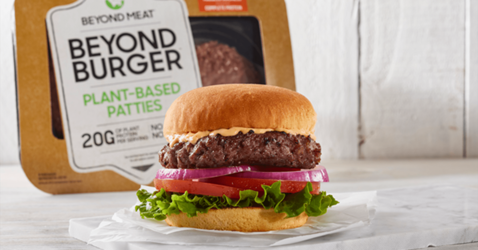 A burger that appears to use a meat patty but is actually a plant-based patty called Beyond Meat