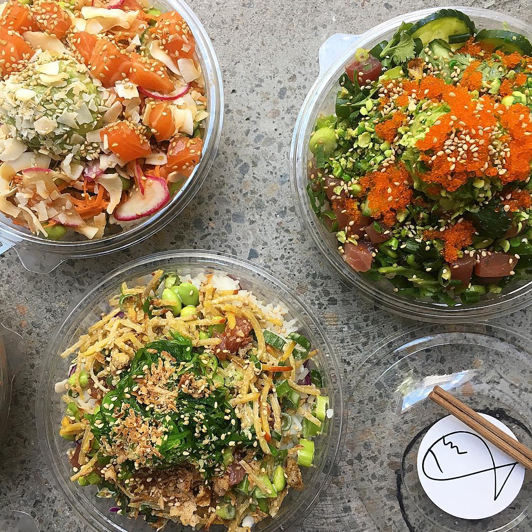 Poke bowls topped with sashimi, salmon roe and more from Fishbowl
