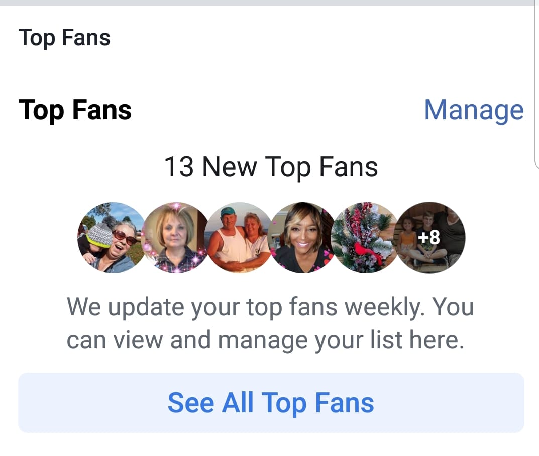 Screenshot from Facebook showing a variety of users as Top Fans