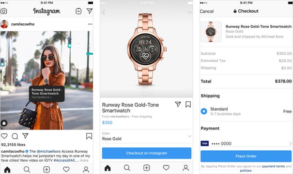 Screenshot of purchasing items through the Instagram app