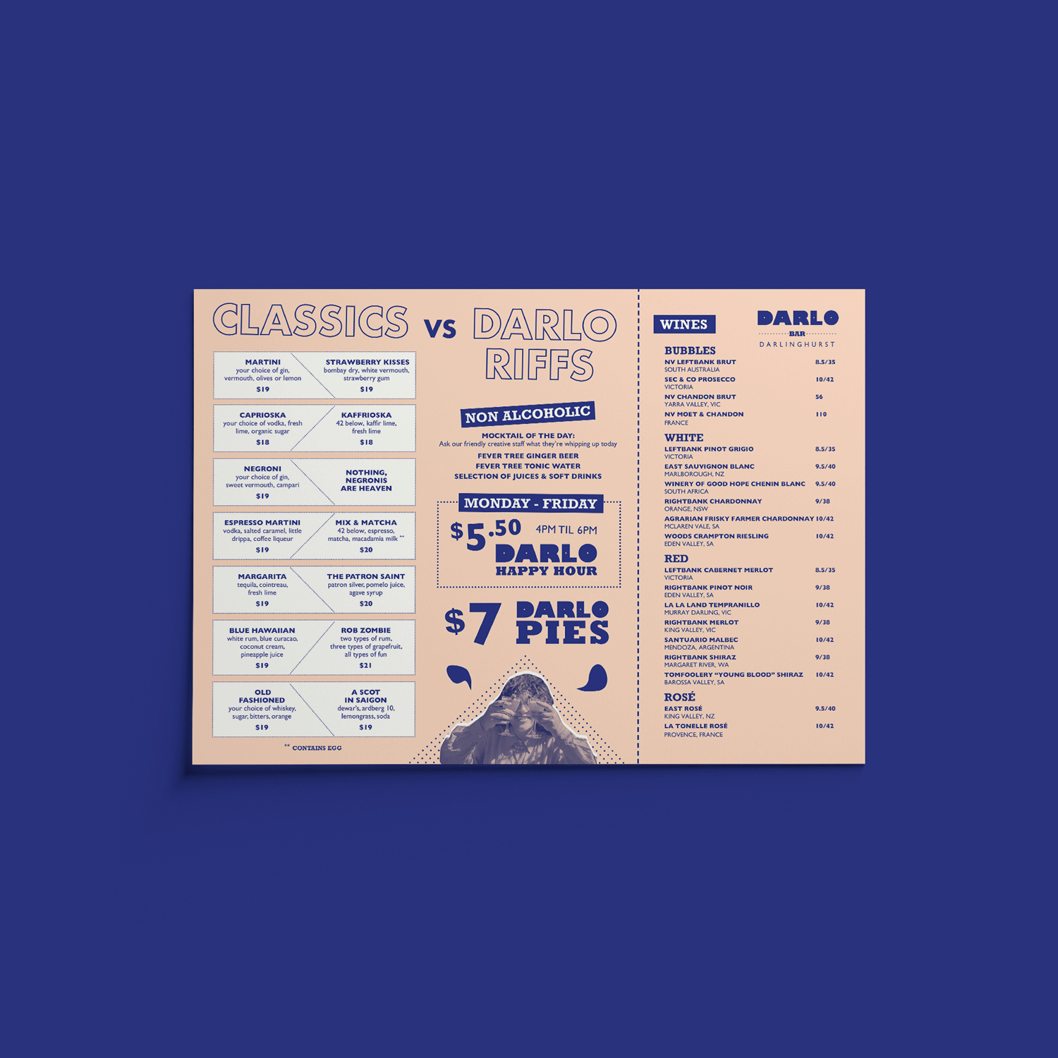 A GIF of the front and back of a menu for Darlo Bar, against a blue background.