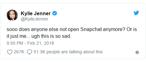 Tweet by Kylie Jenner: 'So does anyone else not open Snapchat any more? Or is it just me. Ugh, this is so sad.'