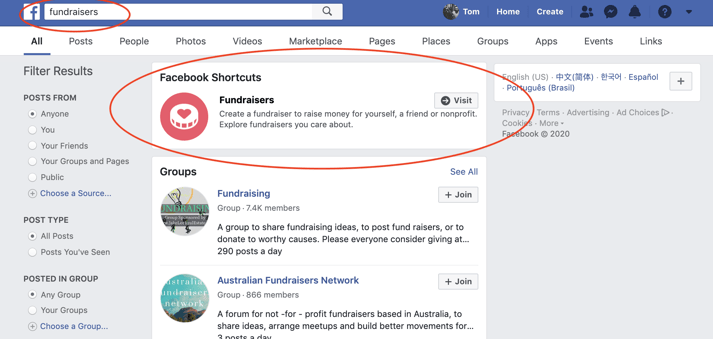 Screenshot showing how to search for Fundraisers on Facebook