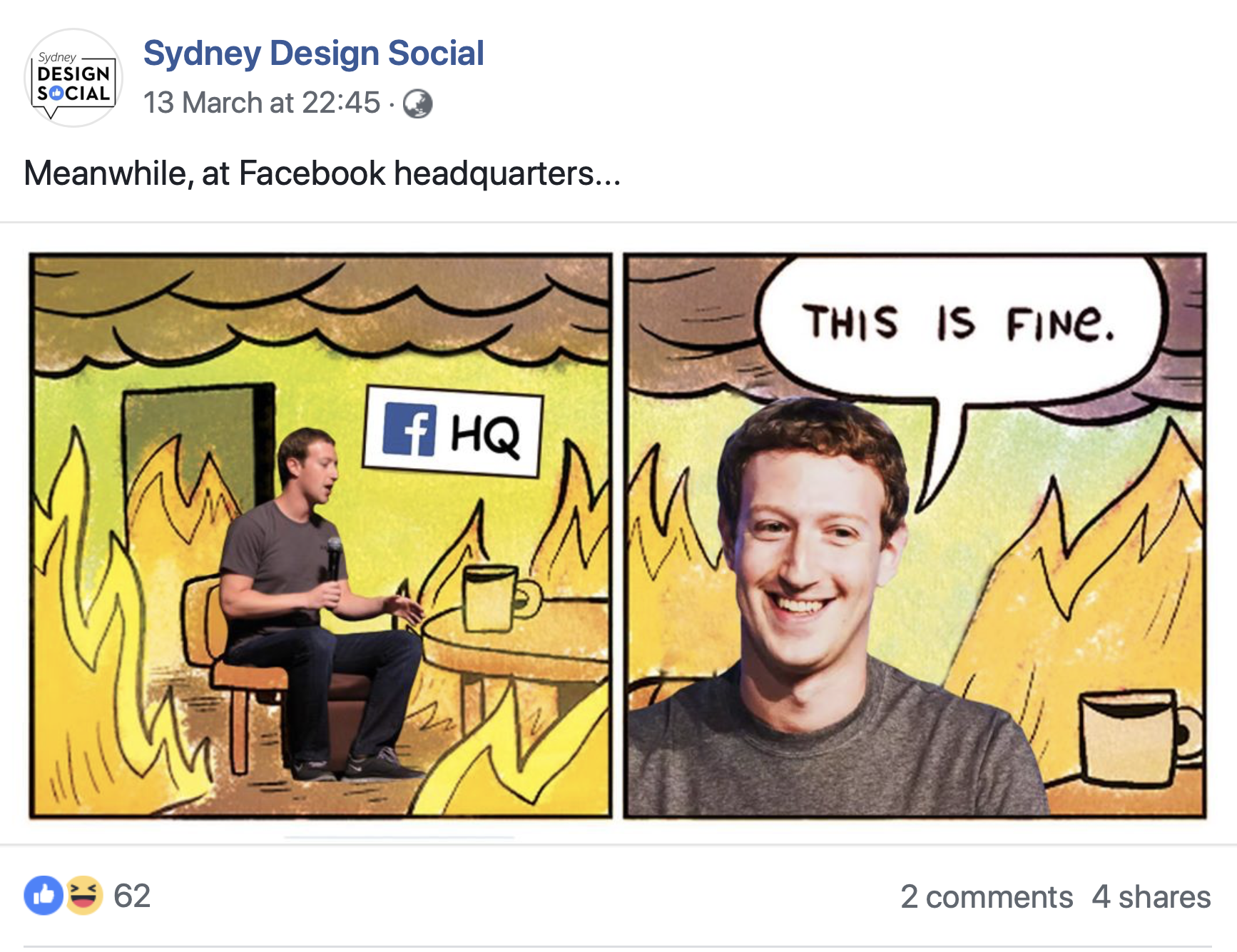 Meme created by Sydney Design social depicting Mark Zuckerberg being overly calm about the Facebook crash