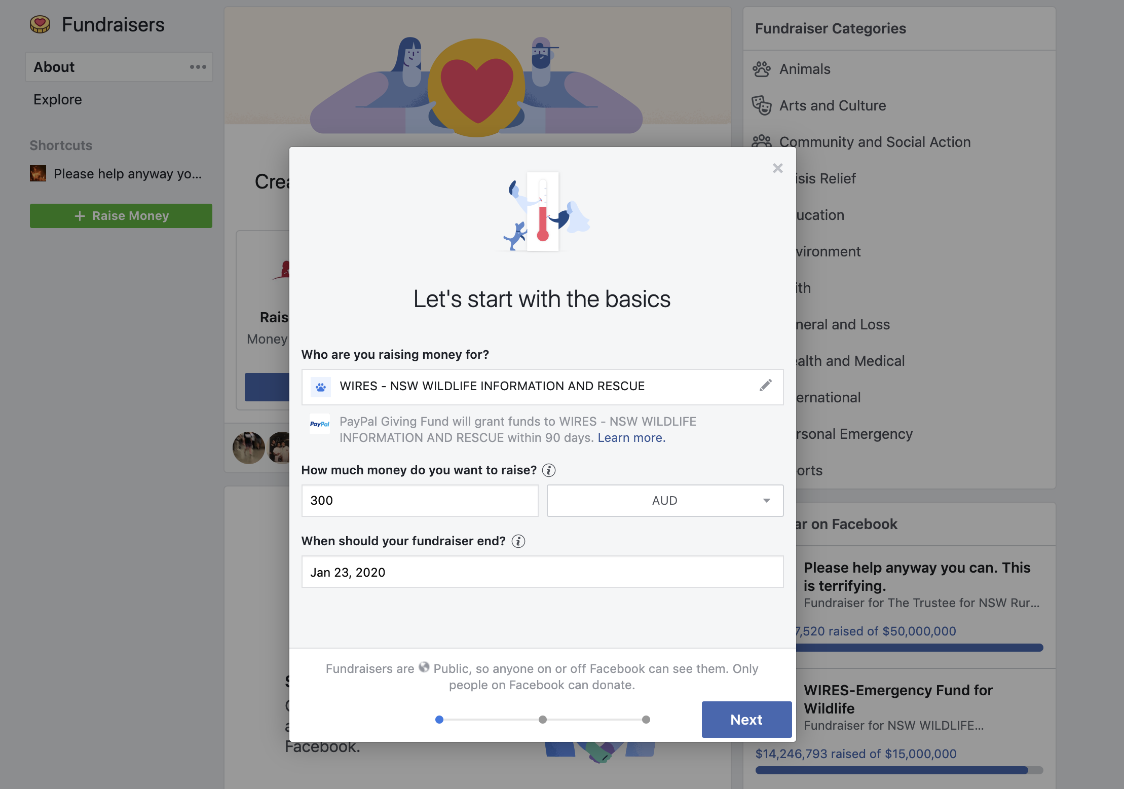 Screenshot showing Facebook prompting you to enter fundraiser details. 