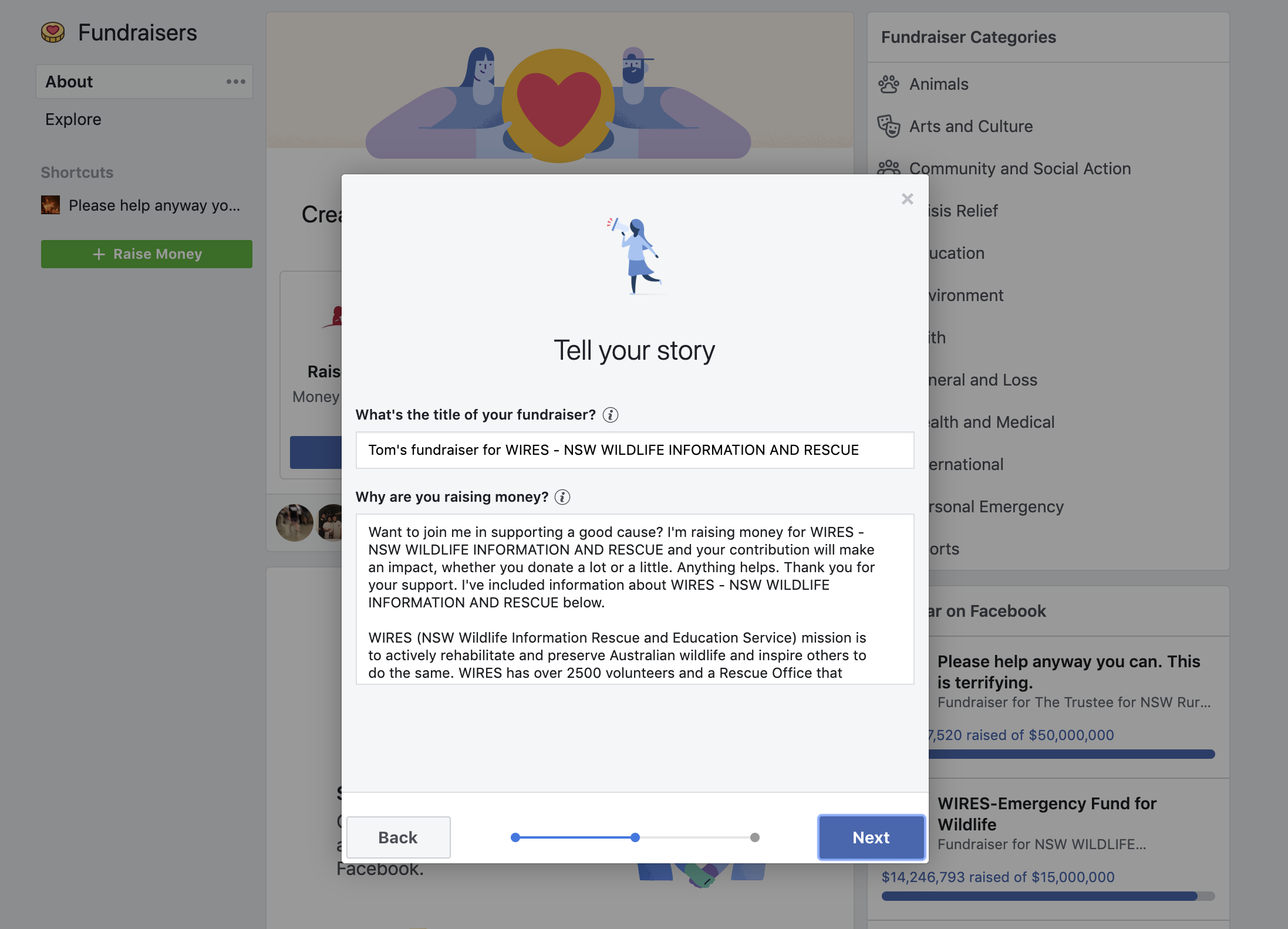 Screenshot showing Facebook prompting you to enter fundraiser details. 