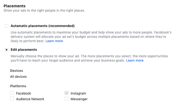 Screenshot showing Facebook Ads Manager and the different placements