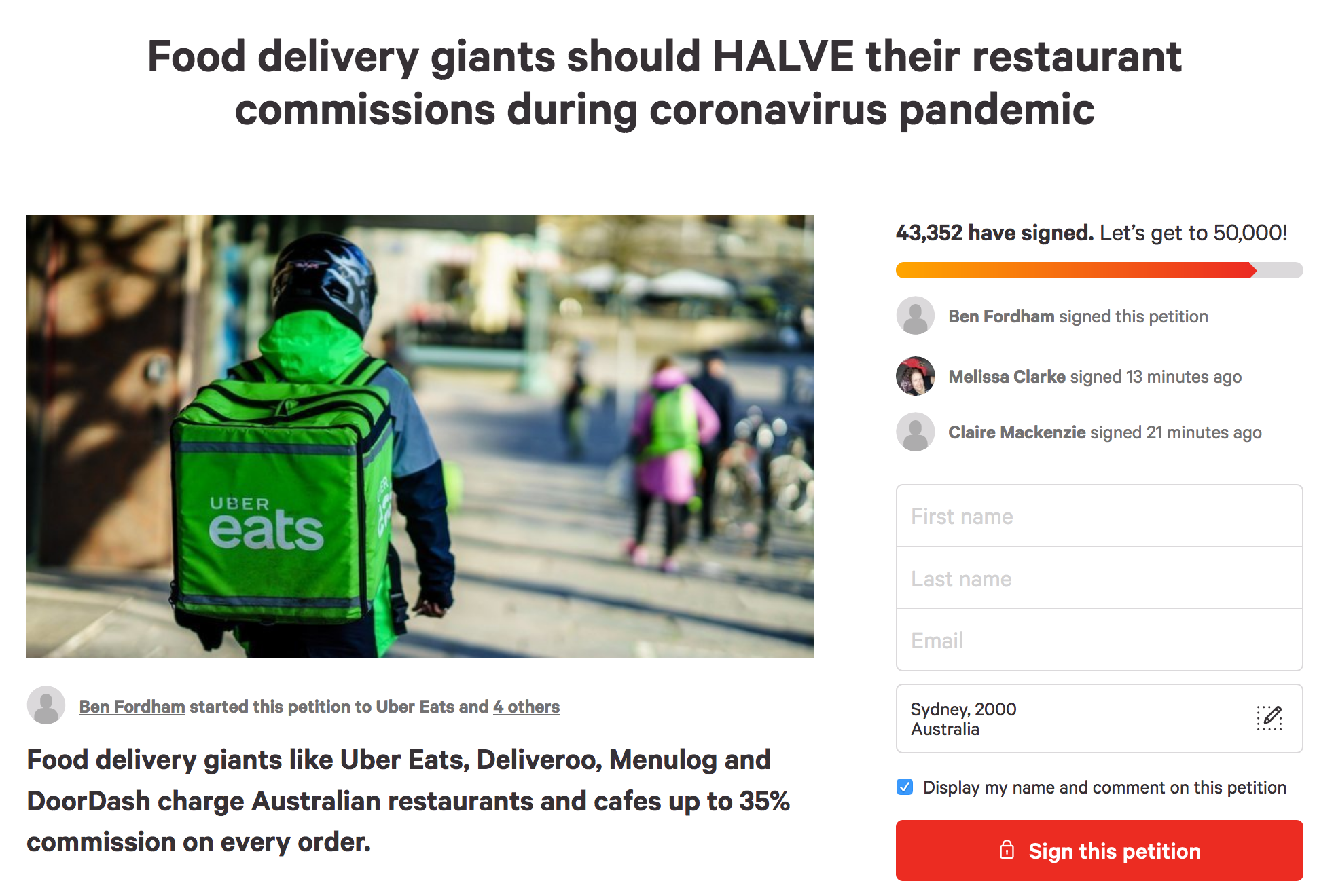 Screenshot showing the petition calling food delivery to halve commisions