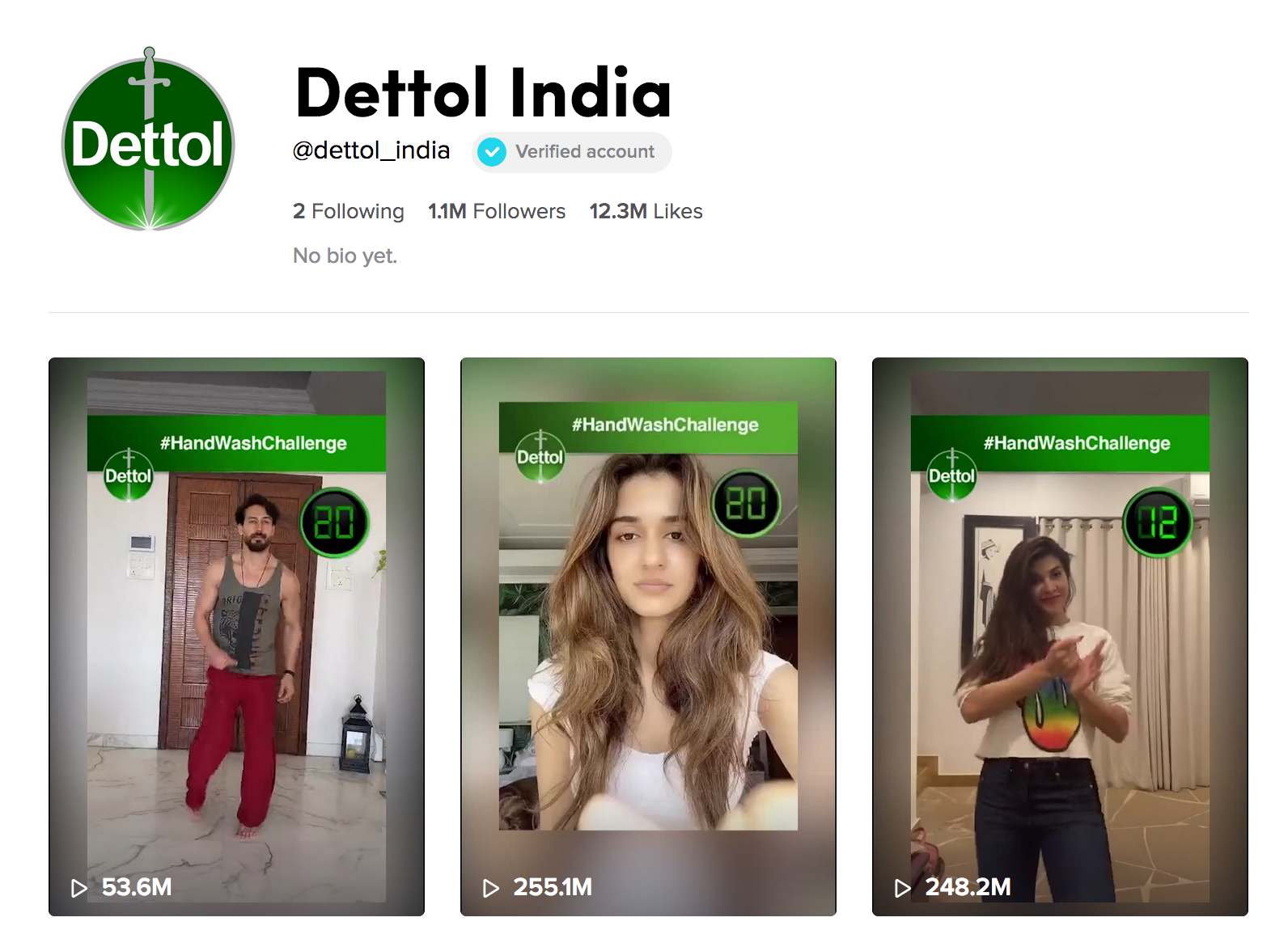 Dettol India's TikTok page featuring #HandWashChallenge