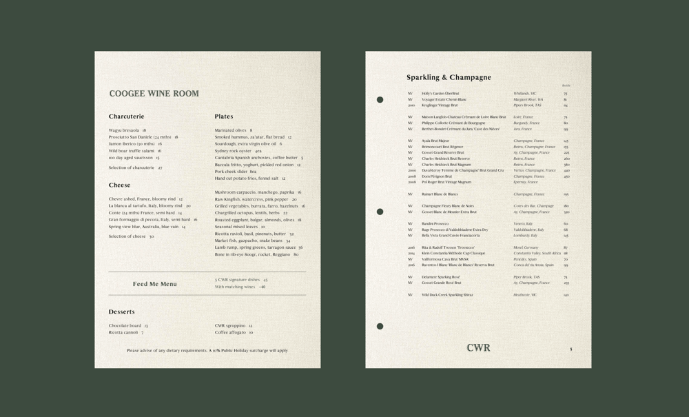 Coogee Wine Room Menu design