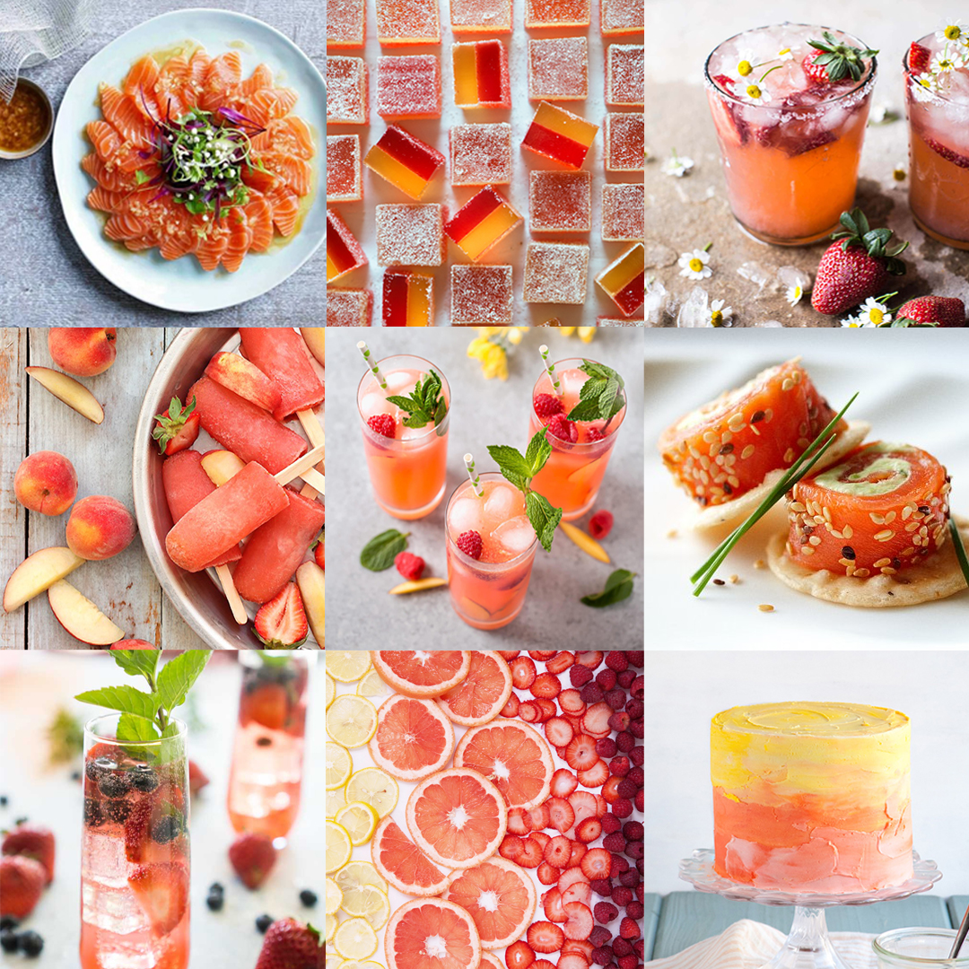 Collage of food and drink hospitality marketing featuring Pantone Colour of the Year 2019 Living Coral