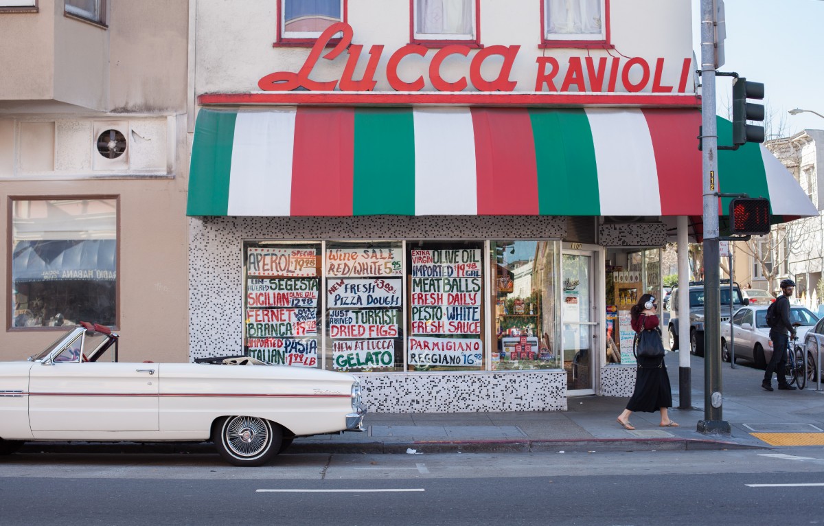 Retro Italian deli storefront in a modern day setting