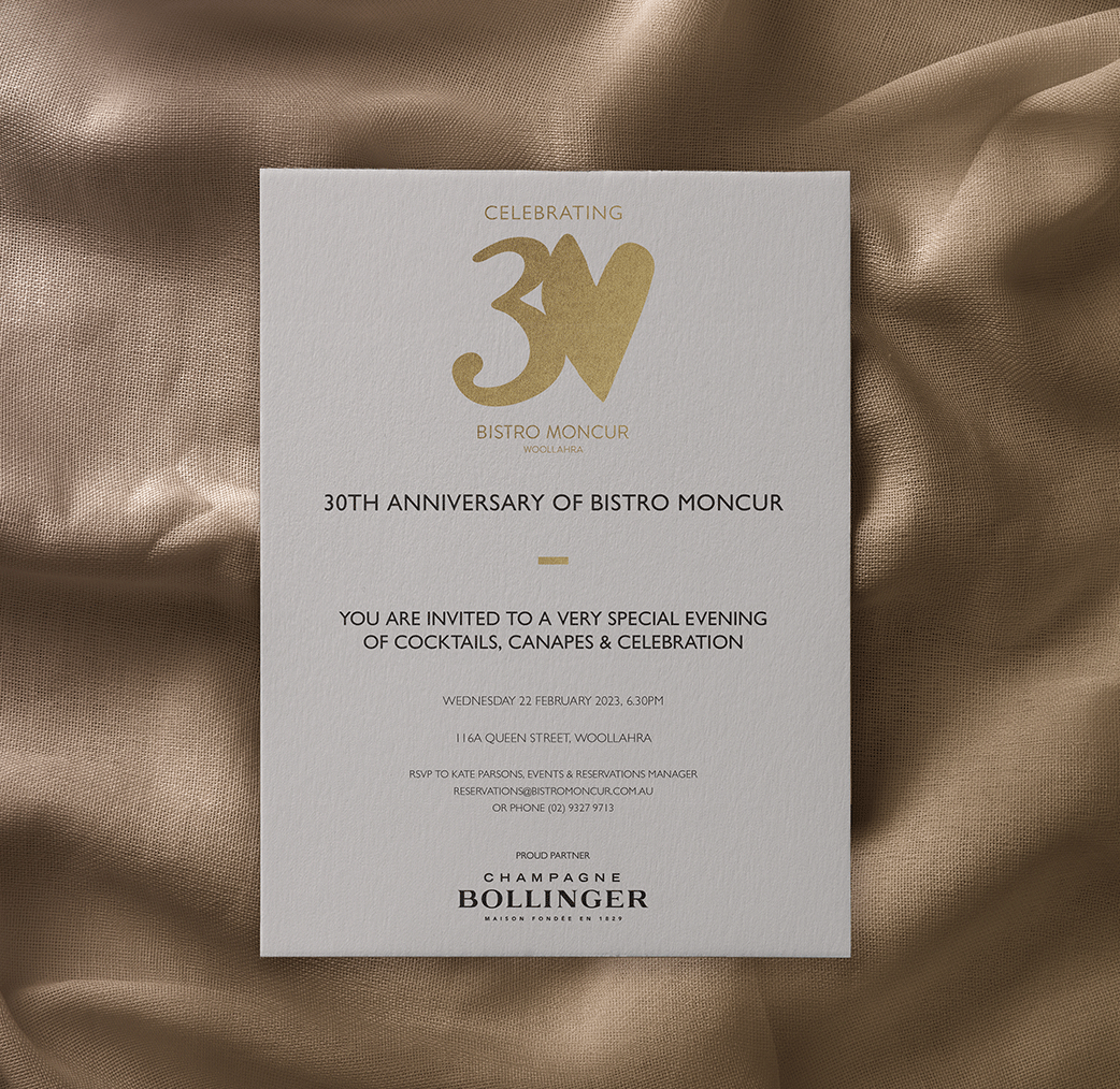 Gold foil on paper invitation for Bistro Moncur 30 Year celebration event