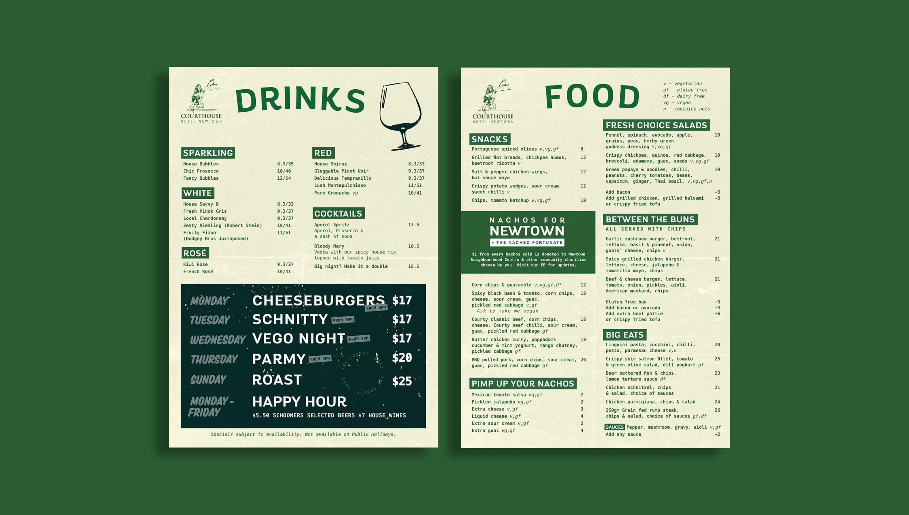 food and drinks menu design for the courthouse hotel sydney