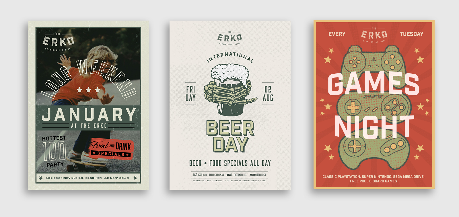 three poster designs for events at The Erksineville Hotel