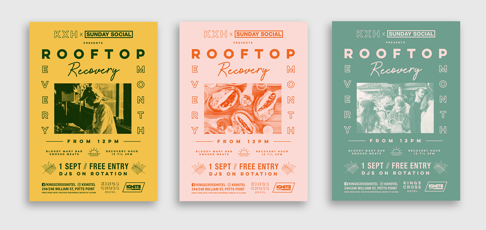 three posters designs for the rooftop recovery sessions at the kings cross hotel