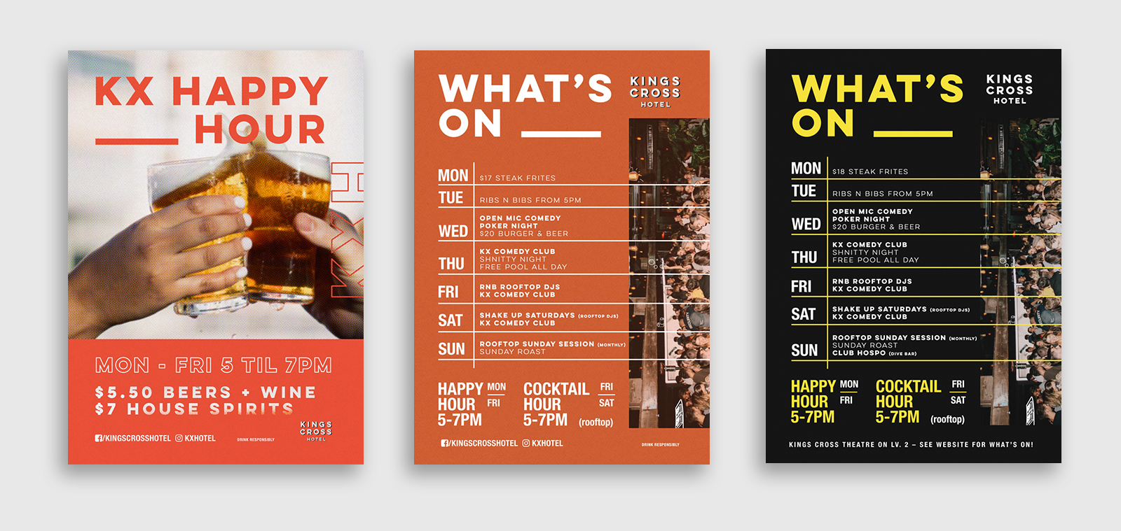 three poster designs advertising happy hour and what's on at the kings cross hotel