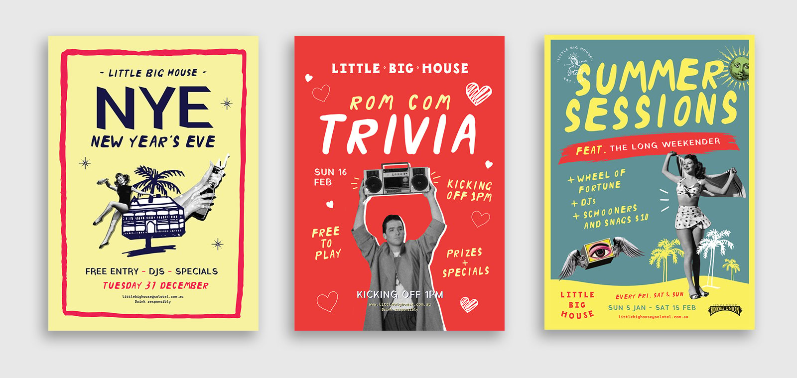 three different poster designs for events at the little big house venue in queensland