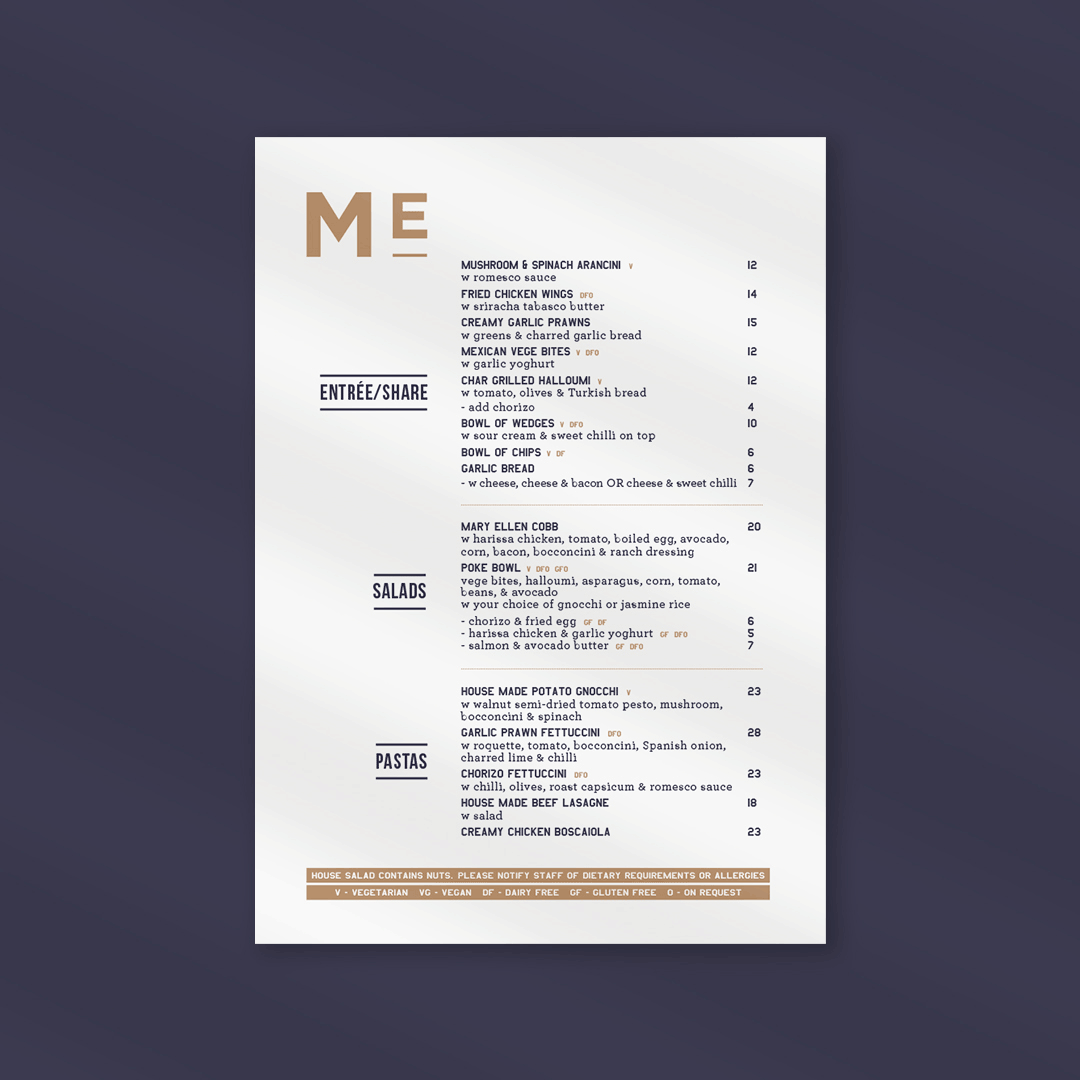 Food and cocktail menu design for Mary Ellen Hotel