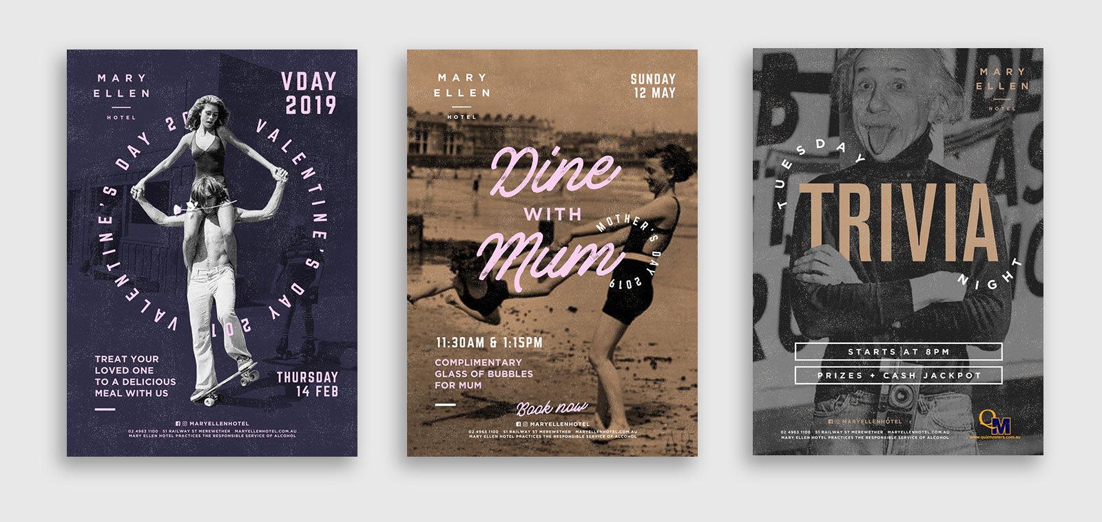 Three poster designs for Mary Ellen Hotel 