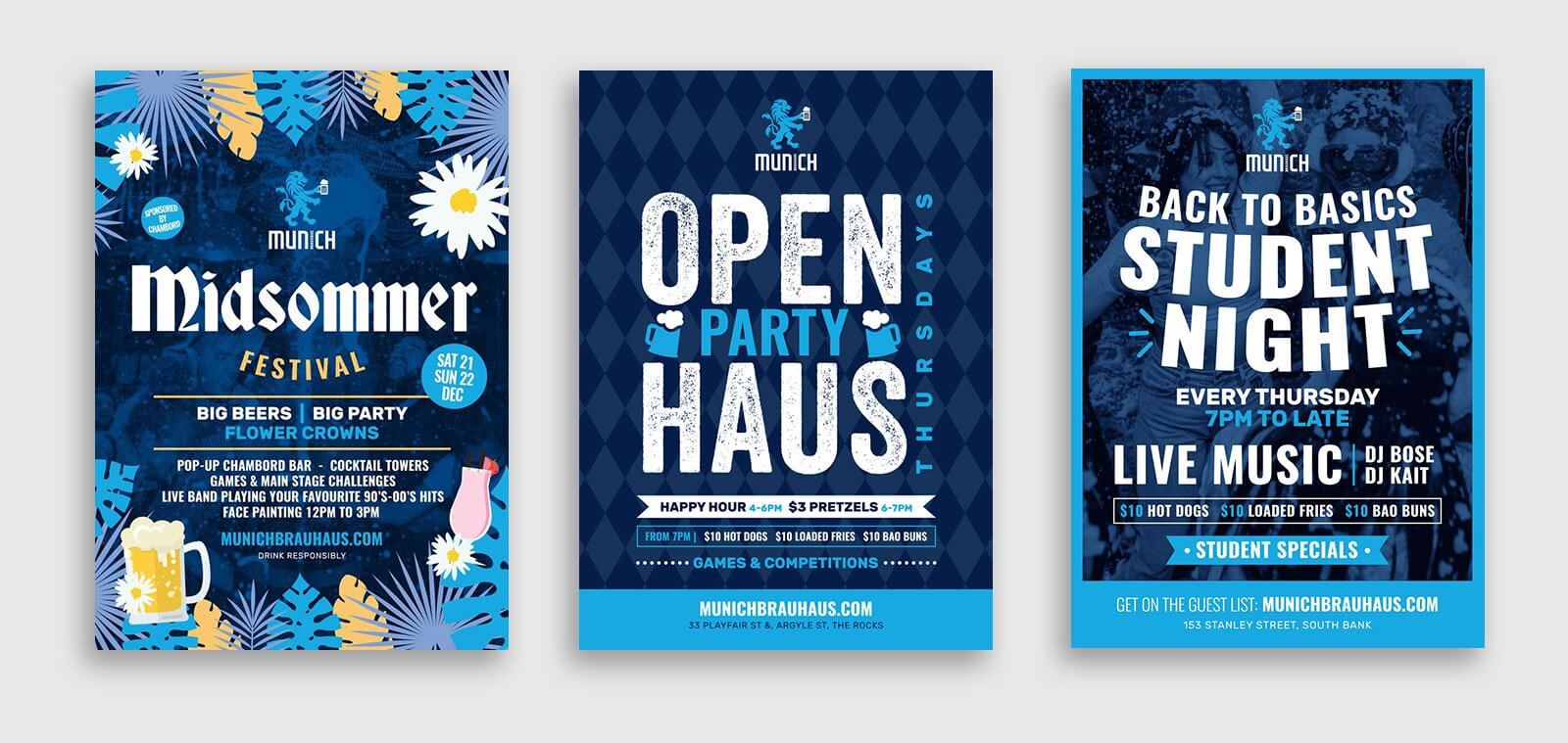 Three event poster designs for Munich Brauhaus