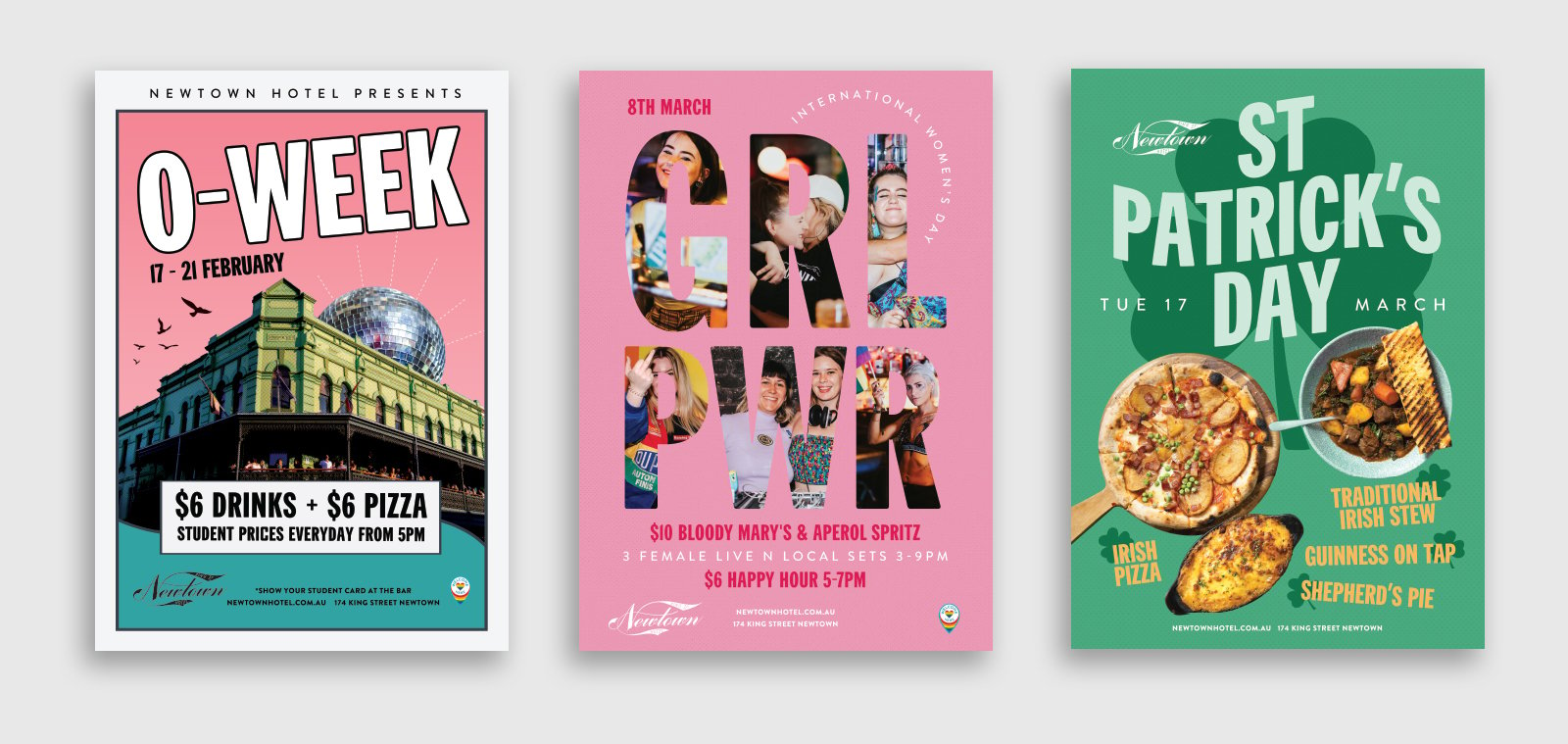 three different poster designs for events at the newtown hotel