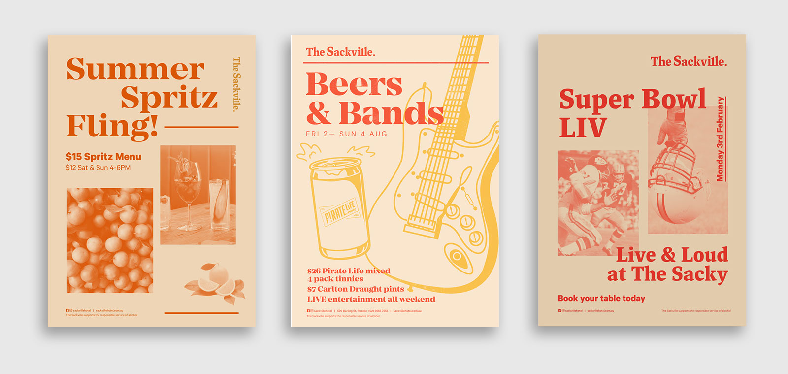 three poster designs for events at the sackville