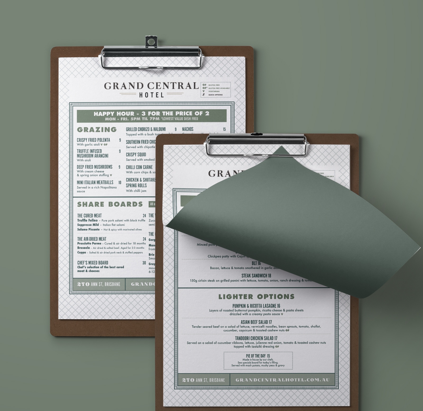 menu design olive green wooden clipboard by sydney design social grand central hotel brisbane 