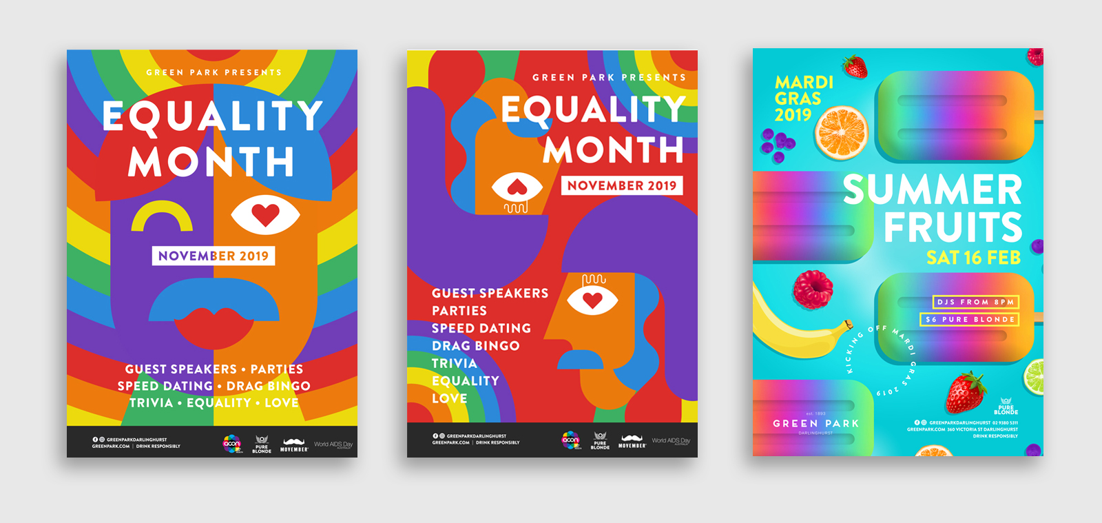 series of poster designs for mardi gras equality month at greenpark by sydney design social