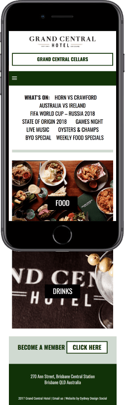 sydney design social grand central hotel brisbane website screen iphone green venue food drinks photography