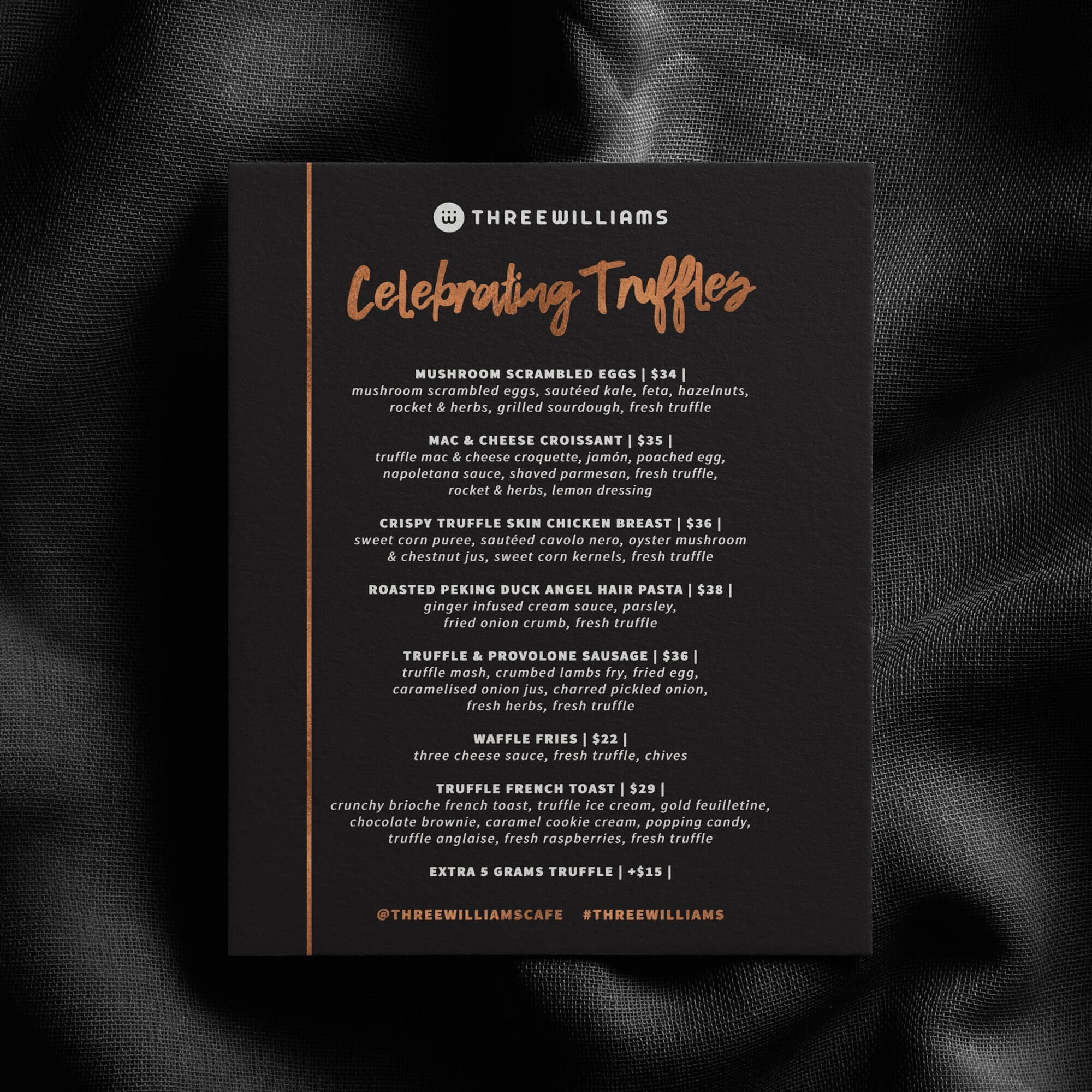 menu design for three williams sydney
