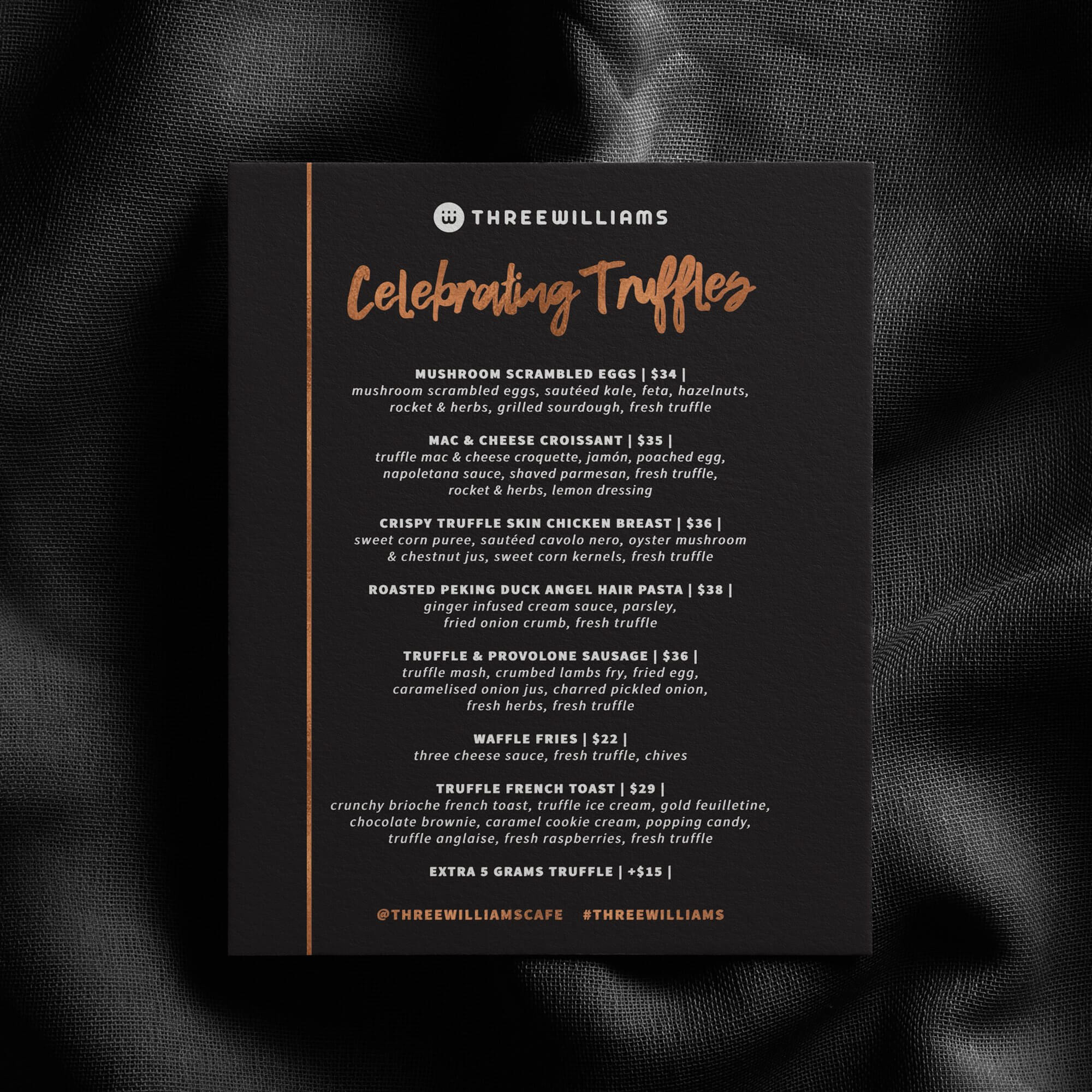 menu design for three williams sydney
