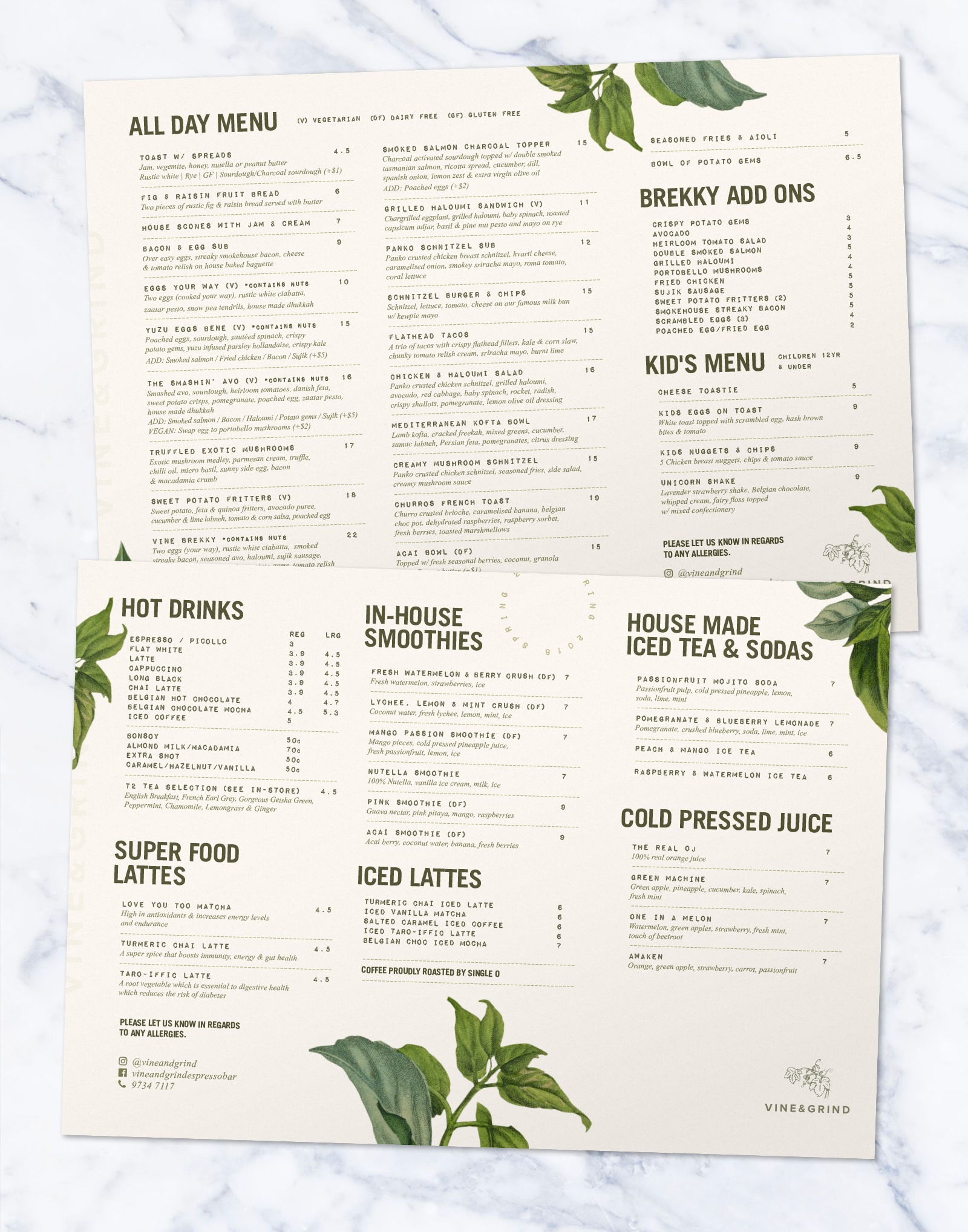 Vine and Grind Menu designed by Distil