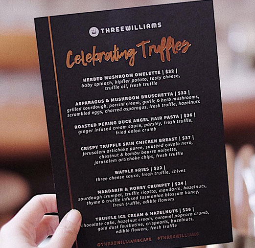 three williams black menu celebrating truffles gold foil sydney