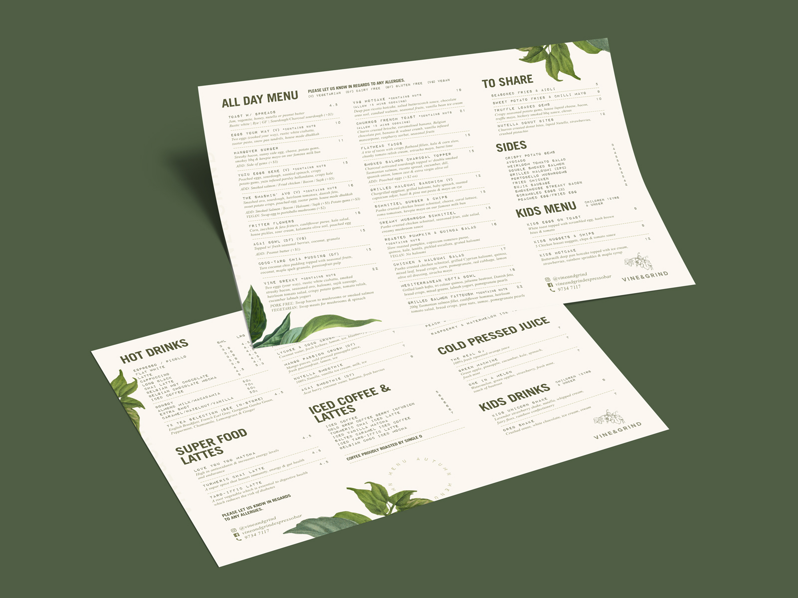 vine and grind leafy menu design on green